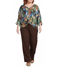 Ali Miles Plus Size Geo Multi Y-Neck 3/4 Dolman Sleeve Button Front Shirt