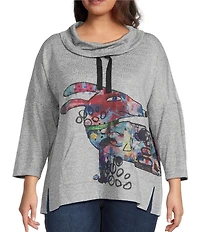 Ali Miles Plus Size Hatchi Knit Novelty Dog Print Cowl Neck 3/4 Sleeve Tunic