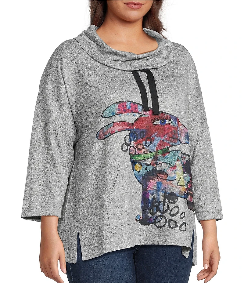 Ali Miles Plus Size Hatchi Knit Novelty Dog Print Cowl Neck 3/4 Sleeve Tunic