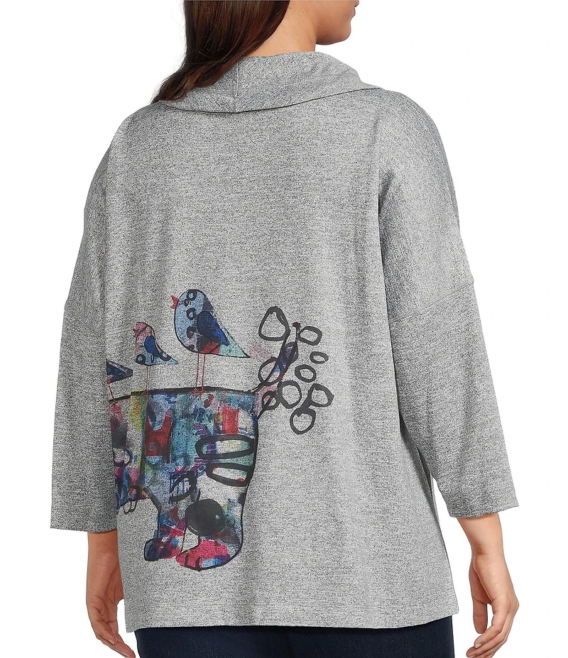 Ali Miles Plus Size Hatchi Knit Novelty Dog Print Cowl Neck 3/4 Sleeve Tunic