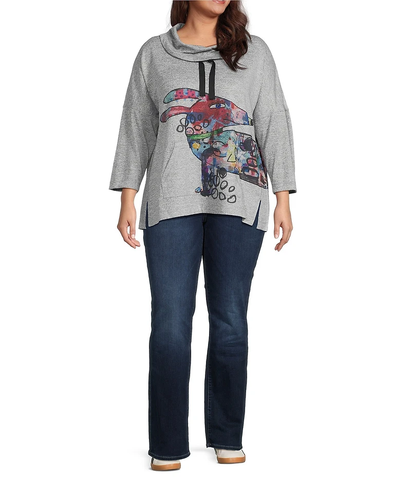 Ali Miles Plus Size Hatchi Knit Novelty Dog Print Cowl Neck 3/4 Sleeve Tunic