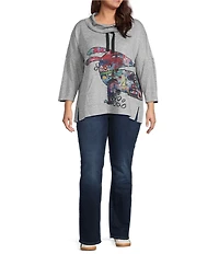 Ali Miles Plus Size Hatchi Knit Novelty Dog Print Cowl Neck 3/4 Sleeve Tunic