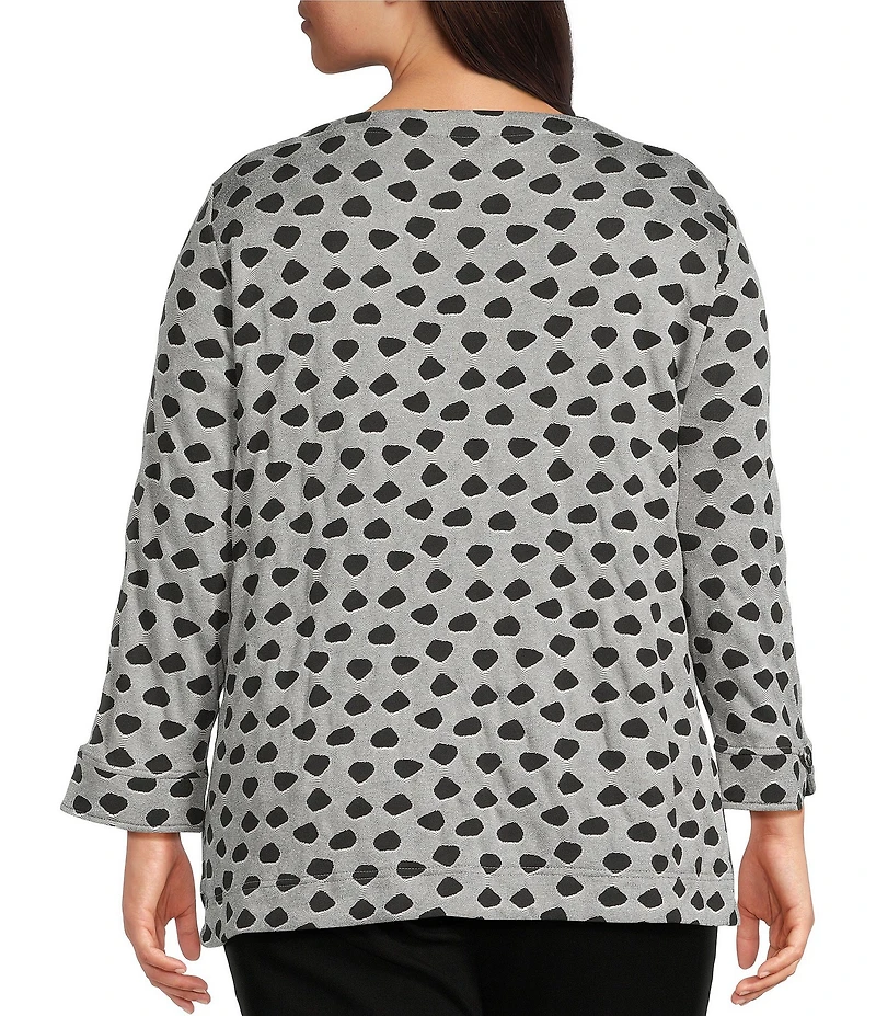 Ali Miles Plus Size Jacquard Knit Dotted Round Neck 3/4 Sleeve Tunic