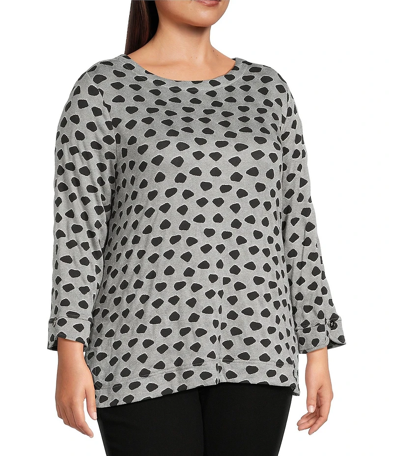 Ali Miles Plus Size Jacquard Knit Dotted Round Neck 3/4 Sleeve Tunic