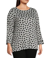 Ali Miles Plus Size Jacquard Knit Dotted Round Neck 3/4 Sleeve Tunic