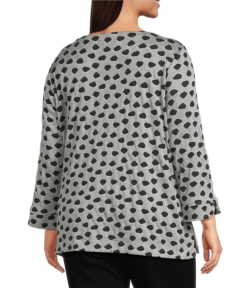 Ali Miles Plus Size Jacquard Knit Dotted Round Neck 3/4 Sleeve Tunic