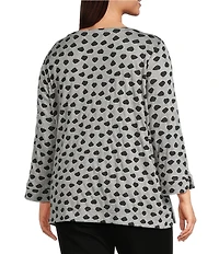 Ali Miles Plus Size Jacquard Knit Dotted Round Neck 3/4 Sleeve Tunic