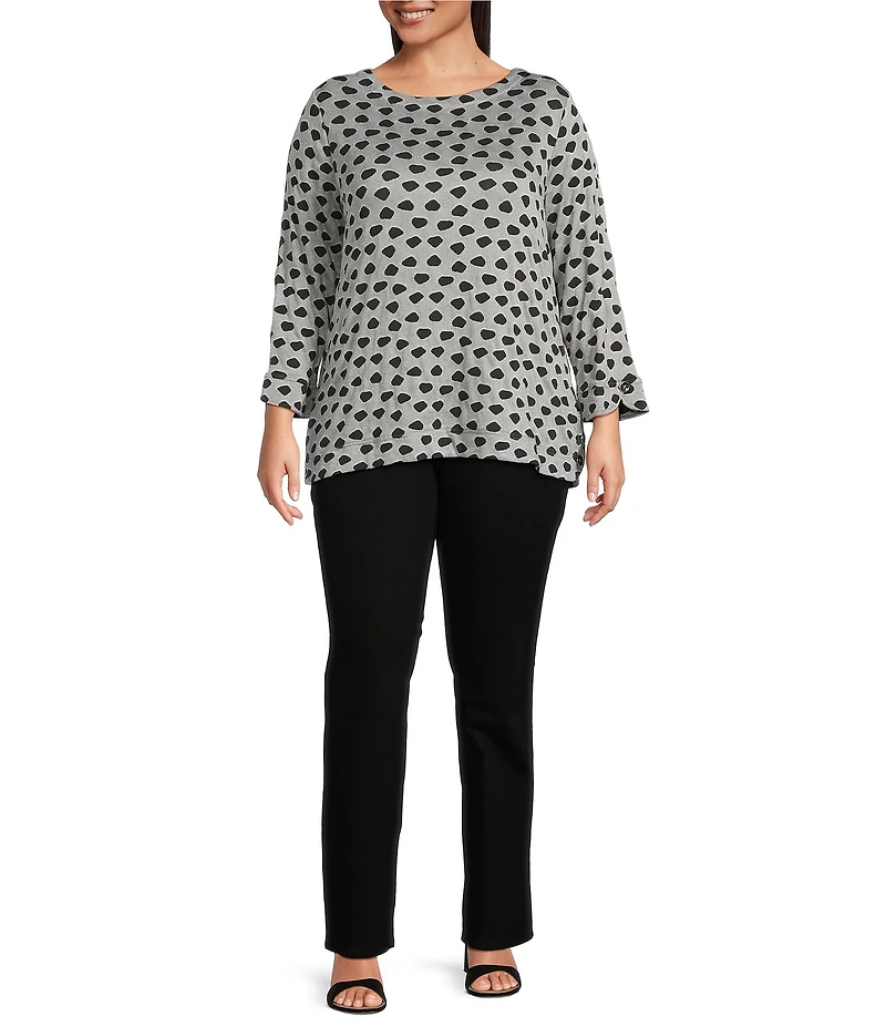 Ali Miles Plus Size Jacquard Knit Dotted Round Neck 3/4 Sleeve Tunic