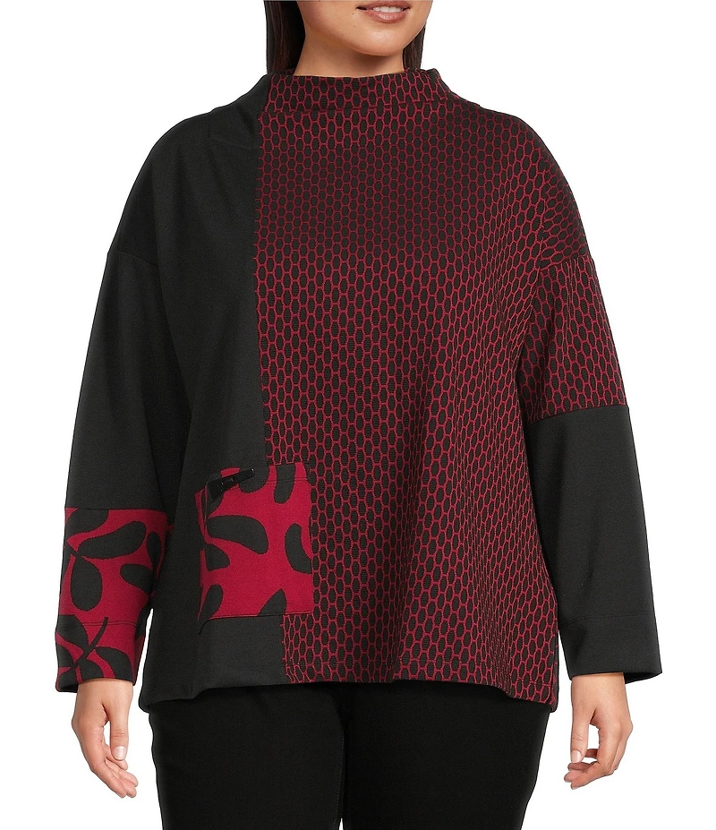 Ali Miles Plus Size Jacquard Knit Funnel Neck Long Sleeve Tunic