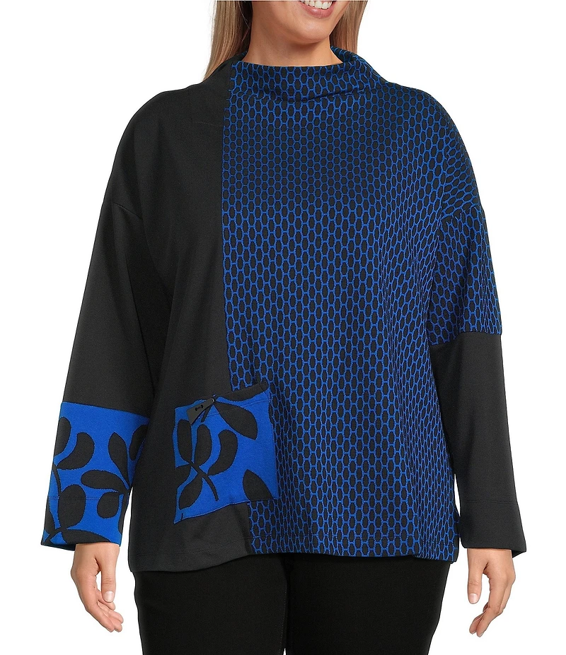 Ali Miles Plus Size Jacquard Knit Funnel Neck Long Sleeve Tunic