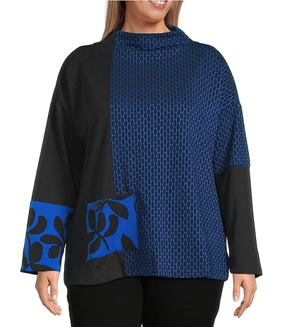 Ali Miles Plus Size Jacquard Knit Funnel Neck Long Sleeve Tunic