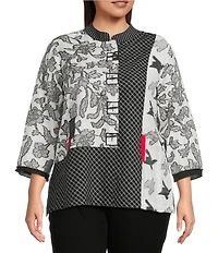 Ali Miles Plus Size Jacquard Multi Patch Print Stand Collar 3/4 Sleeve Button-Front Tunic