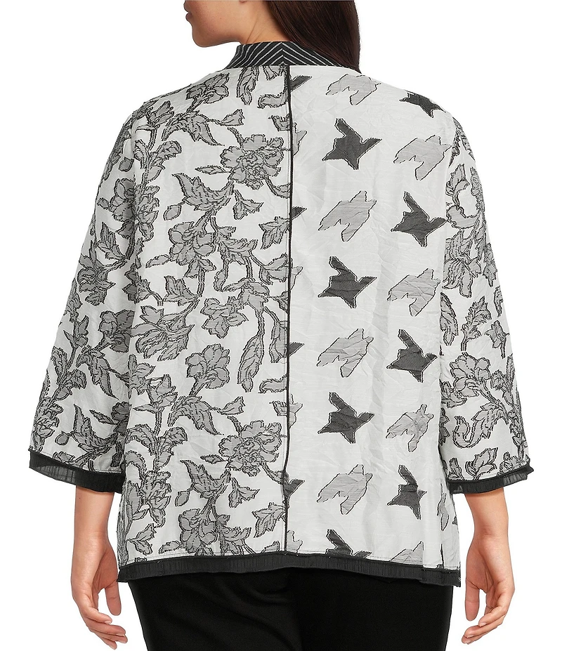 Ali Miles Plus Size Jacquard Multi Patch Print Stand Collar 3/4 Sleeve Button-Front Tunic