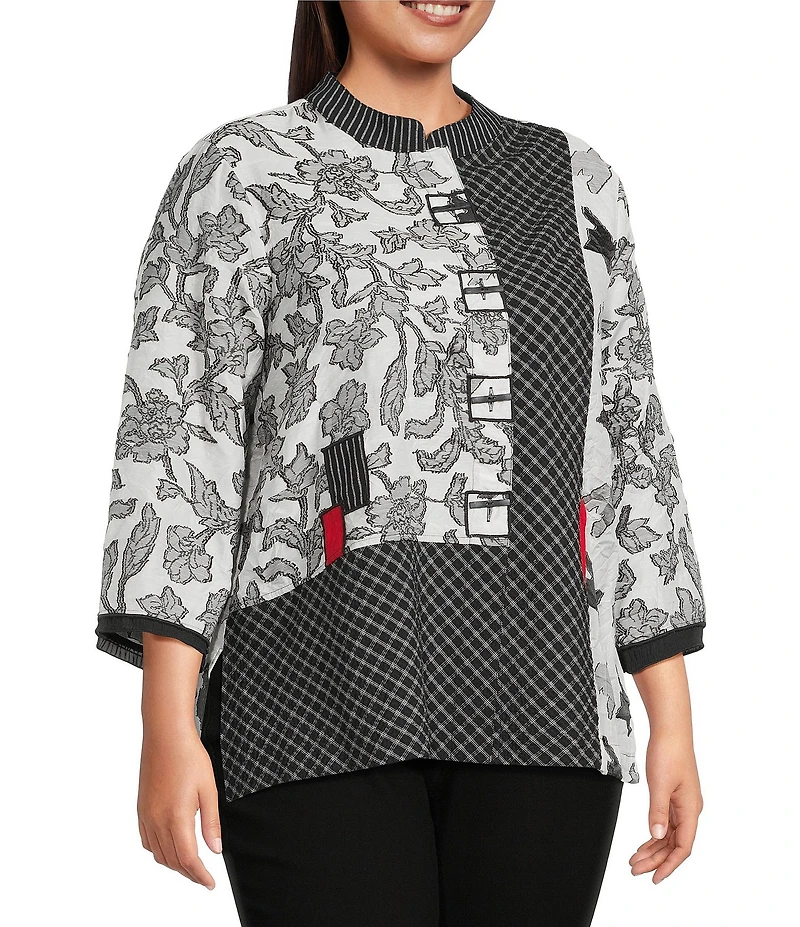 Ali Miles Plus Size Jacquard Multi Patch Print Stand Collar 3/4 Sleeve Button-Front Tunic