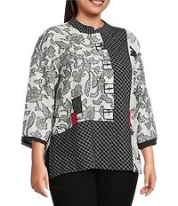Ali Miles Plus Size Jacquard Multi Patch Print Stand Collar 3/4 Sleeve Button-Front Tunic