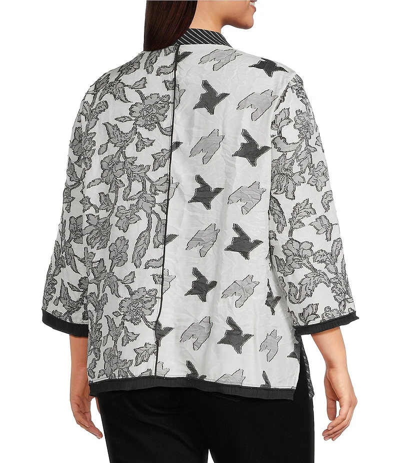 Ali Miles Plus Size Jacquard Multi Patch Print Stand Collar 3/4 Sleeve Button-Front Tunic