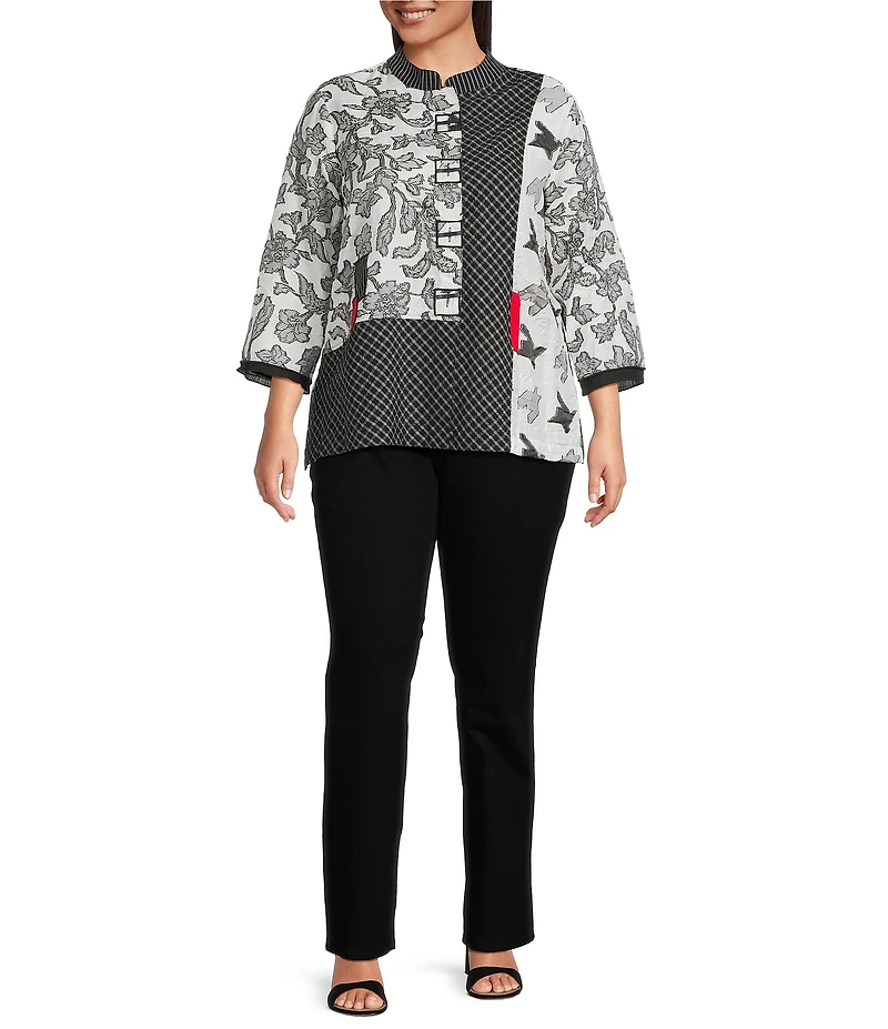 Ali Miles Plus Size Jacquard Multi Patch Print Stand Collar 3/4 Sleeve Button-Front Tunic