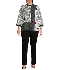 Ali Miles Plus Size Jacquard Multi Patch Print Stand Collar 3/4 Sleeve Button-Front Tunic