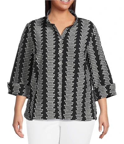Ali Miles Plus Size Jacquard Wire Collar 3/4 Cuff Sleeve Button-Front Tunic