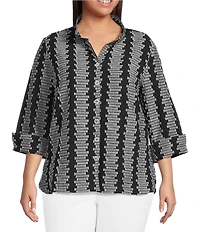 Ali Miles Plus Size Jacquard Wire Collar 3/4 Cuff Sleeve Button-Front Tunic