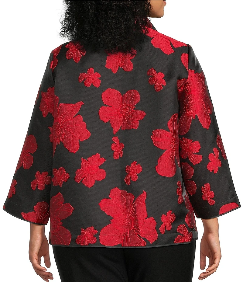 Ali Miles Plus Size Jacquard Woven Floral Print Wire Collar Open-Front Jacket