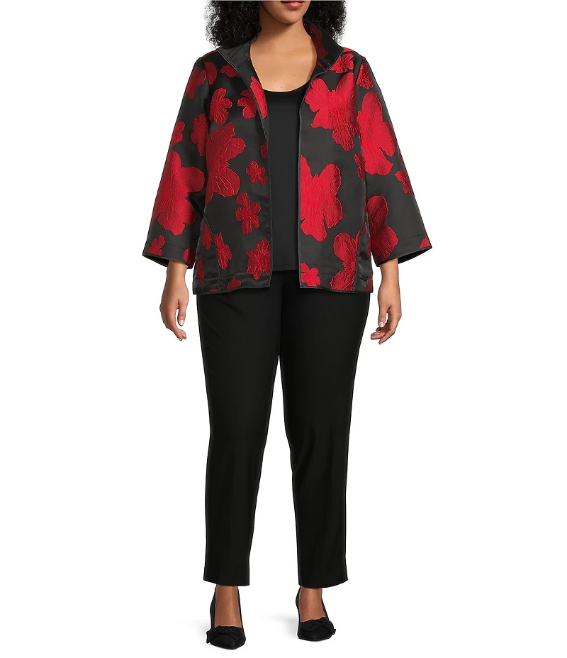 Ali Miles Plus Size Jacquard Woven Floral Print Wire Collar Open-Front Jacket