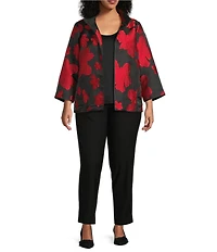 Ali Miles Plus Size Jacquard Woven Floral Print Wire Collar Open-Front Jacket