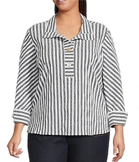 Ali Miles Plus Size Jacquard Yarn Dyed Stripe Point Collar 3/4 Cuffed Sleeve Top