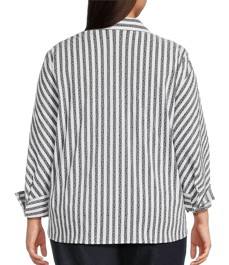 Ali Miles Plus Size Jacquard Yarn Dyed Stripe Point Collar 3/4 Cuffed Sleeve Top