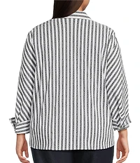 Ali Miles Plus Size Jacquard Yarn Dyed Stripe Point Collar 3/4 Cuffed Sleeve Top