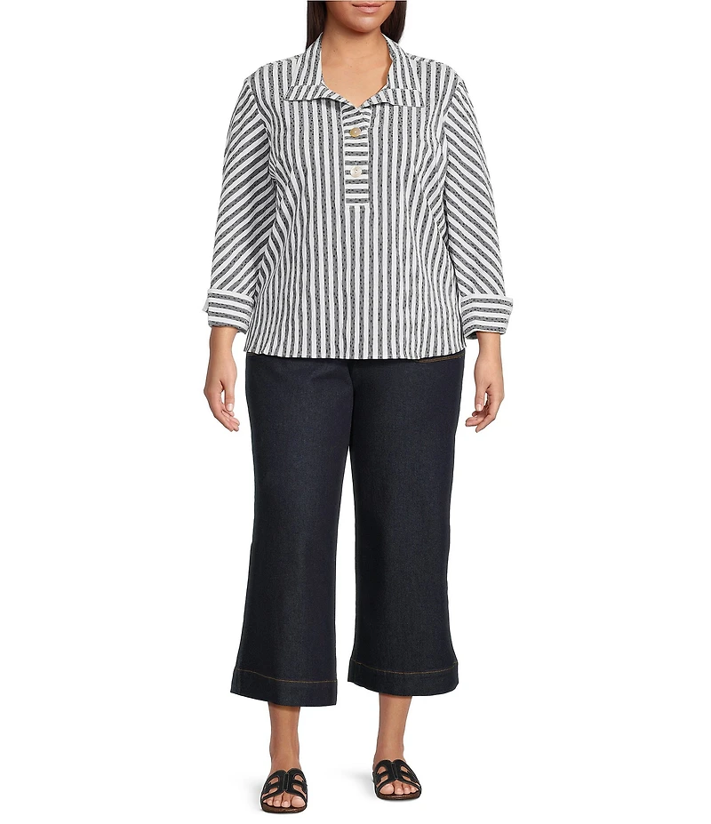 Ali Miles Plus Size Jacquard Yarn Dyed Stripe Point Collar 3/4 Cuffed Sleeve Top