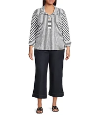 Ali Miles Plus Size Jacquard Yarn Dyed Stripe Point Collar 3/4 Cuffed Sleeve Top