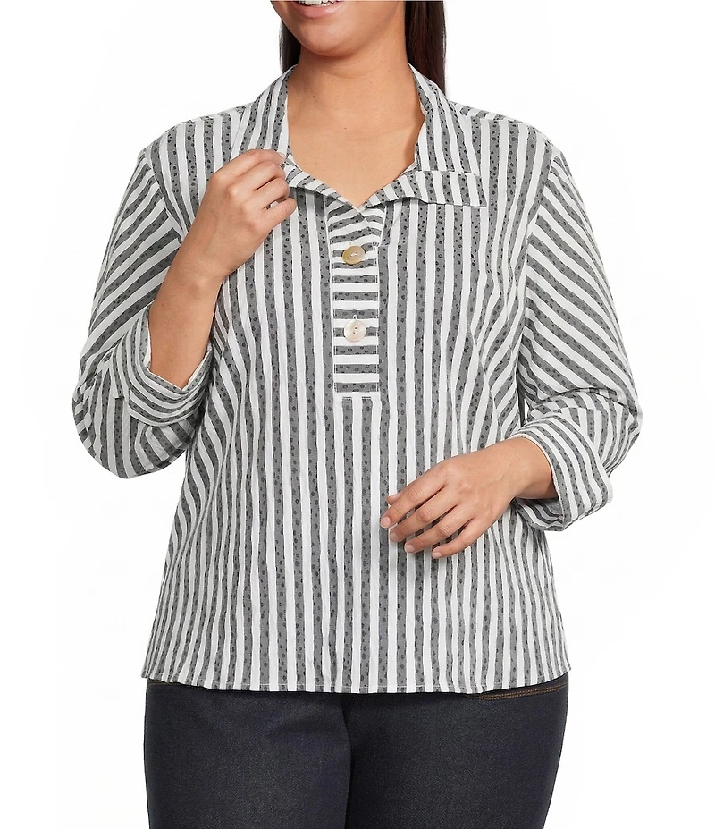 Ali Miles Plus Size Jacquard Yarn Dyed Stripe Point Collar 3/4 Cuffed Sleeve Top