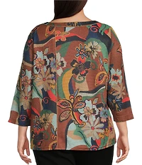 Ali Miles Plus Size Knit Abstract Floral Round Neck 3/4 Sleeve Tunic