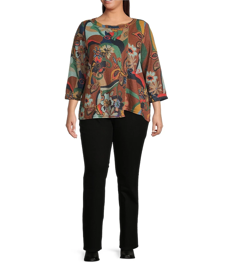 Ali Miles Plus Size Knit Abstract Floral Round Neck 3/4 Sleeve Tunic