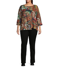 Ali Miles Plus Size Knit Abstract Floral Round Neck 3/4 Sleeve Tunic