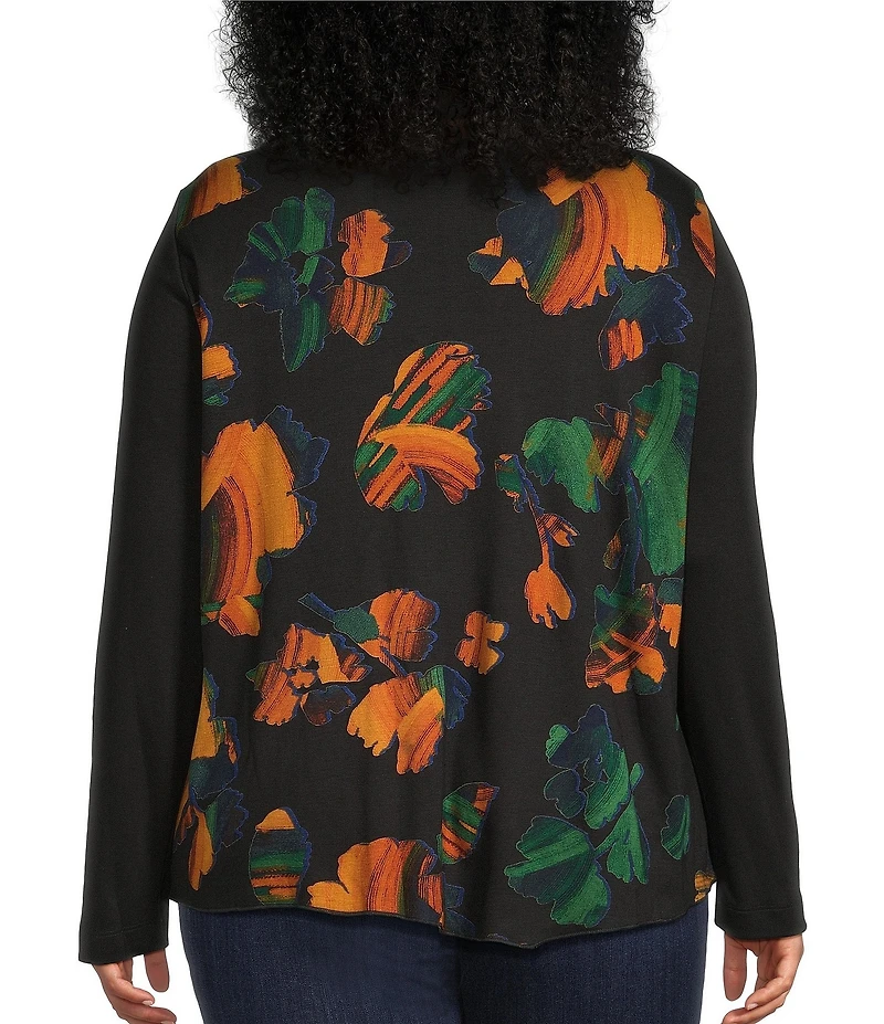 Ali Miles Plus Size Knit Abstract Multi Print Cowl Neck Long Sleeve Asymmetrical Hem Popover Top