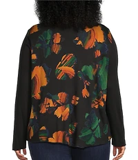 Ali Miles Plus Size Knit Abstract Multi Print Cowl Neck Long Sleeve Asymmetrical Hem Popover Top