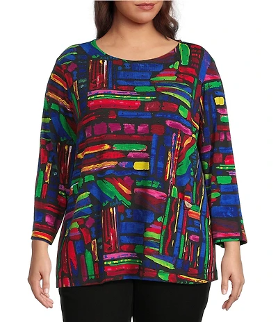 Ali Miles Plus Size Knit Brushstroke Print Round Neck 3/4 Sleeve Top
