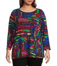 Ali Miles Plus Size Knit Brushstroke Print Round Neck 3/4 Sleeve Top