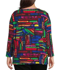 Ali Miles Plus Size Knit Brushstroke Print Round Neck 3/4 Sleeve Top