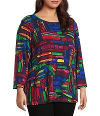 Ali Miles Plus Size Knit Brushstroke Print Round Neck 3/4 Sleeve Top