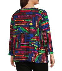Ali Miles Plus Size Knit Brushstroke Print Round Neck 3/4 Sleeve Top