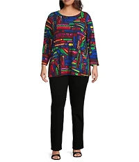 Ali Miles Plus Size Knit Brushstroke Print Round Neck 3/4 Sleeve Top