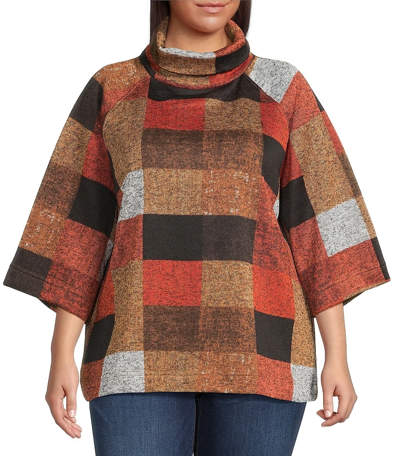 Ali Miles Plus Size Knit Checkered Stand Neck 3/4 Bell Sleeve Tunic