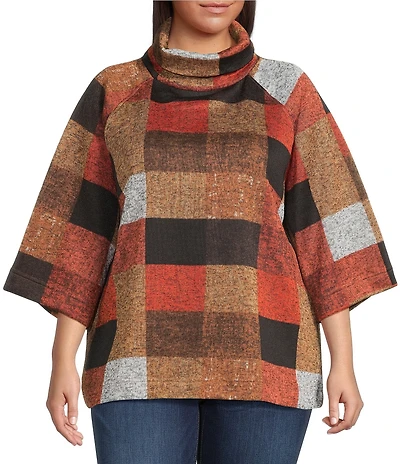 Ali Miles Plus Size Knit Checkered Stand Neck 3/4 Bell Sleeve Tunic