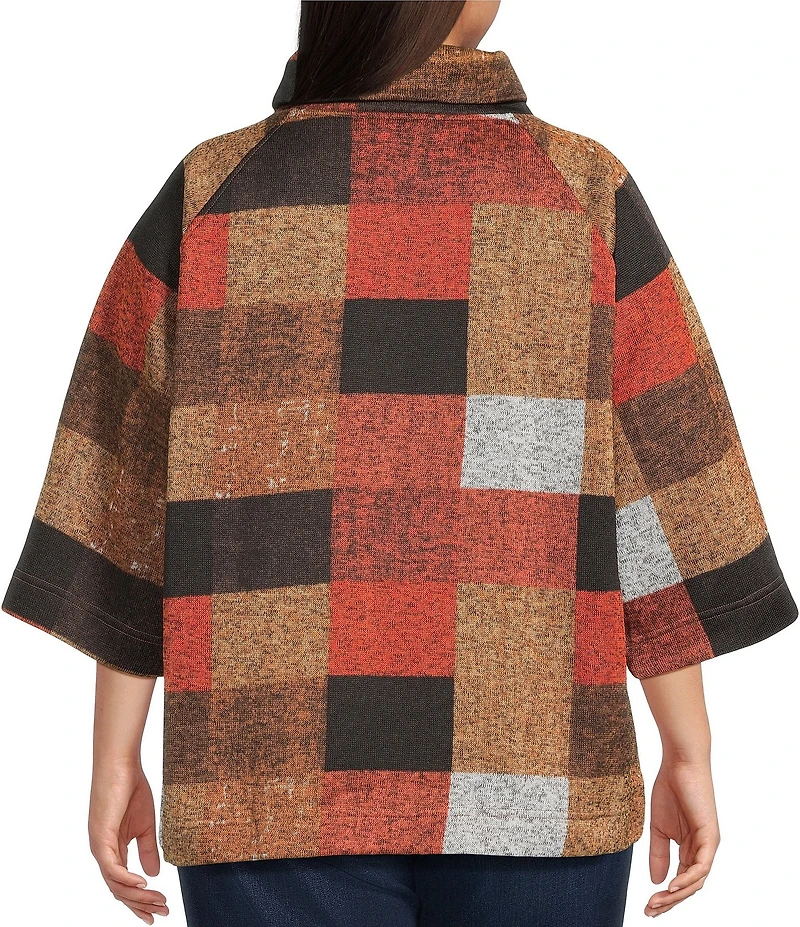 Ali Miles Plus Size Knit Checkered Stand Neck 3/4 Bell Sleeve Tunic