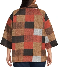 Ali Miles Plus Size Knit Checkered Stand Neck 3/4 Bell Sleeve Tunic