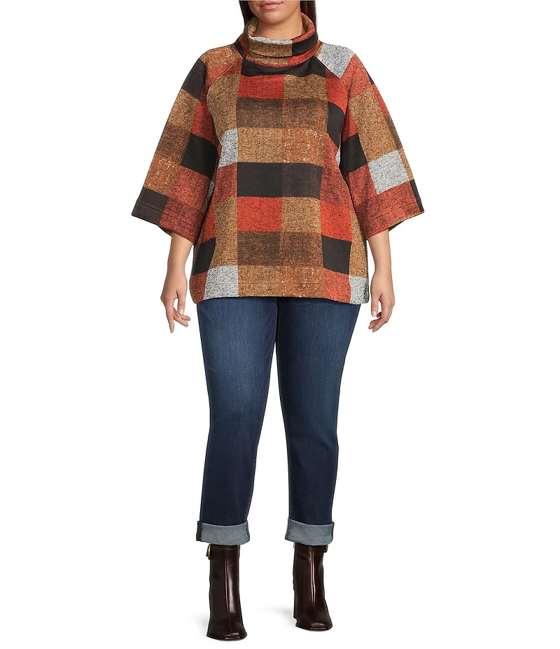 Ali Miles Plus Size Knit Checkered Stand Neck 3/4 Bell Sleeve Tunic