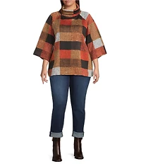 Ali Miles Plus Size Knit Checkered Stand Neck 3/4 Bell Sleeve Tunic